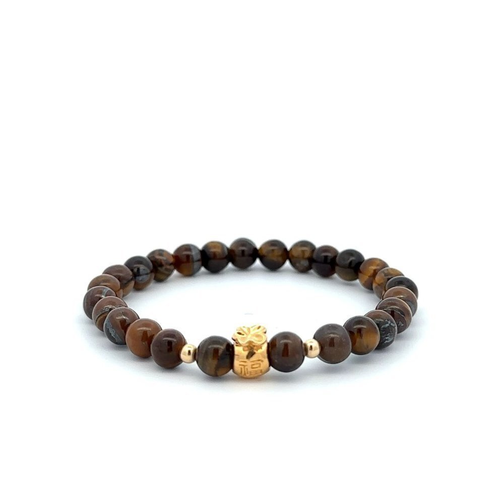 18K Gold Money Bag Lucky Charm Beads Bracelet Gemstones Tiger's Eye 6mm